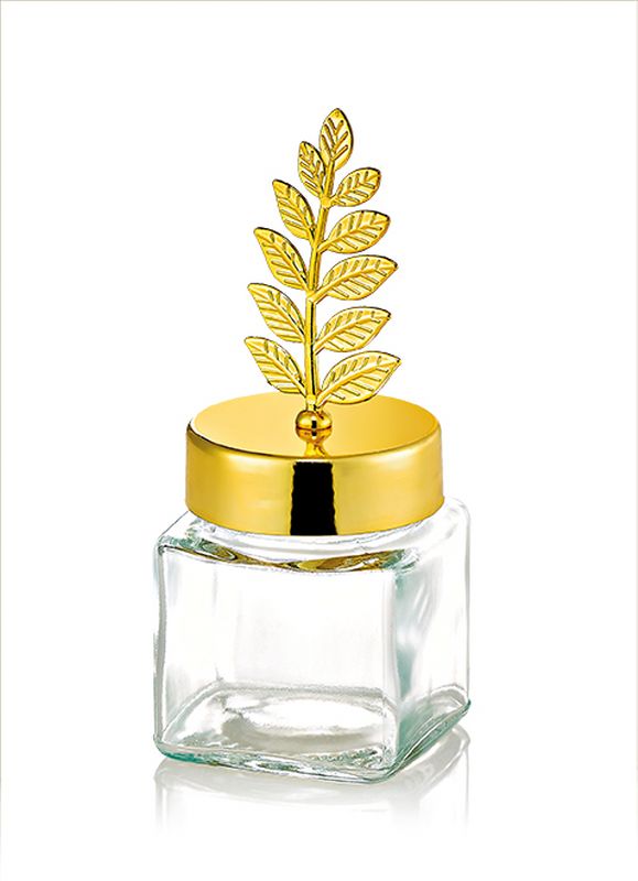 202-4560 ΜΠΟΜΠΟΝΙΕΡΑ ΒΑΖΑΚΙ ΓΥΑΛΙΝΟ 60ml ΜΕ ΧΡΥΣΟ ΚΑΠΑΚΙ ΚΛΑΔΙ ΕΛΙΑΣ 4.5X4.5X11CM - Image 1